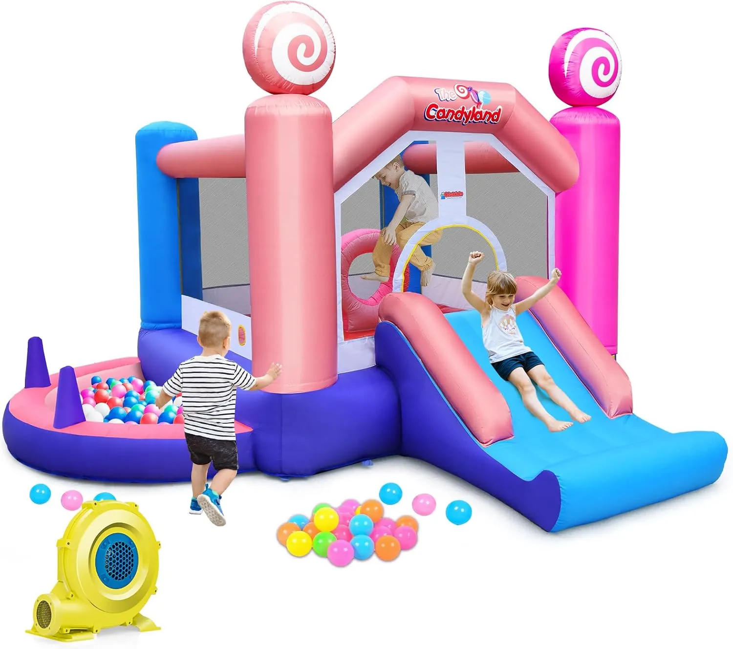 OLAKIDS Inflatable Bounce House, Princess Pink Jumping Castle Kids Candyland with Slide Ball Pit Basketball Rim, Indoor Outdoor Inflatable Obstacle Course with 680W Blower 50PCS Ocean Balls Carry Bag