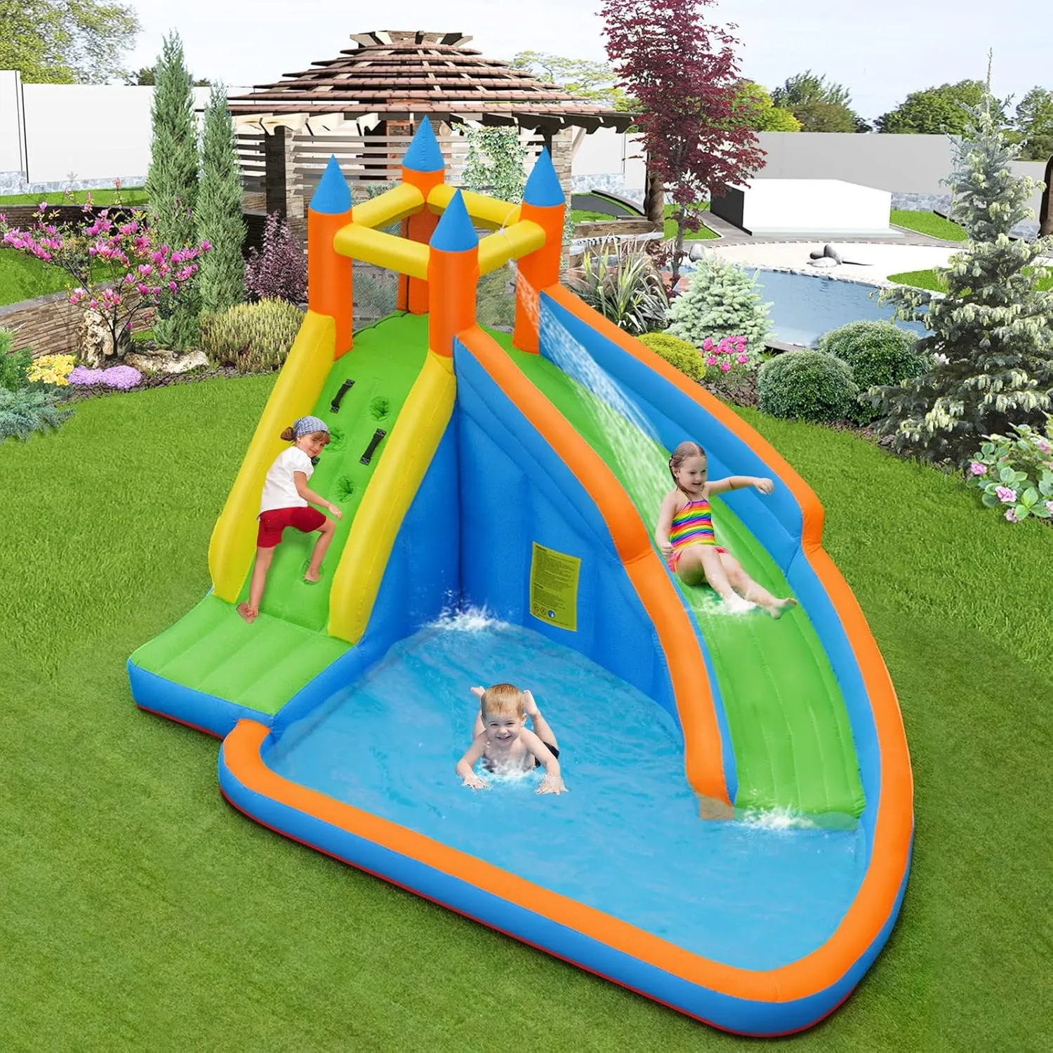 OLAKIDS Inflatable Water Slide, Kids Bounce House with Slide Climbing Wall Splash Pool, Outdoor Jumping Castle Inflatable Obstacle Course with Carrying Bag Repairing Kit Stakes 480W Blower