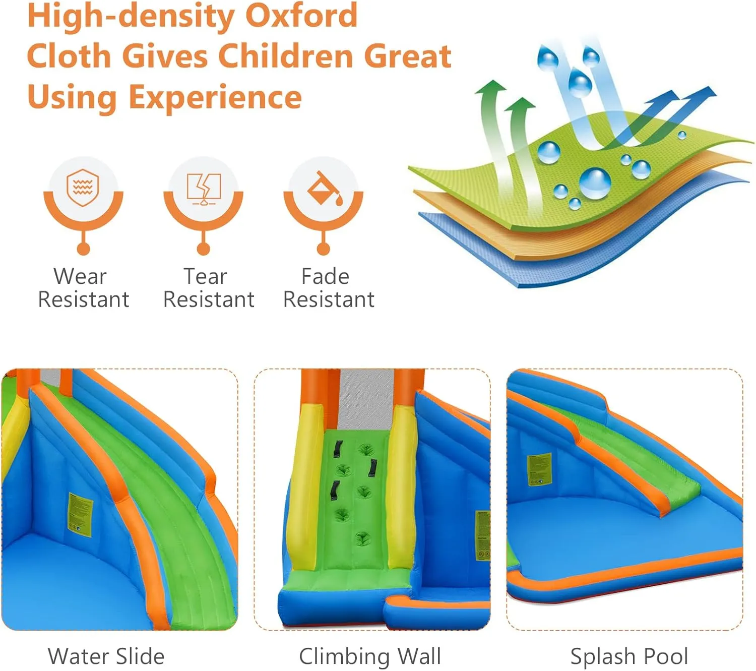 OLAKIDS Inflatable Water Slide, Kids Bounce House with Slide Climbing Wall Splash Pool, Outdoor Jumping Castle Inflatable Obstacle Course with Carrying Bag Repairing Kit Stakes 480W Blower