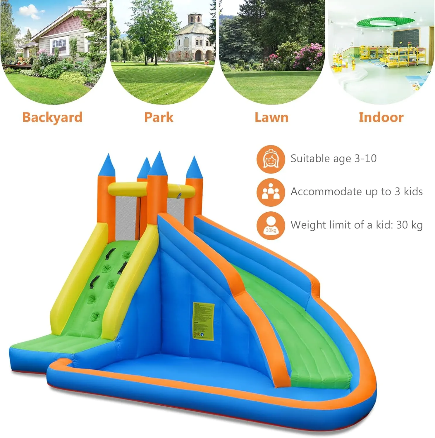 OLAKIDS Inflatable Water Slide, Kids Bounce House with Slide Climbing Wall Splash Pool, Outdoor Jumping Castle Inflatable Obstacle Course with Carrying Bag Repairing Kit Stakes 480W Blower