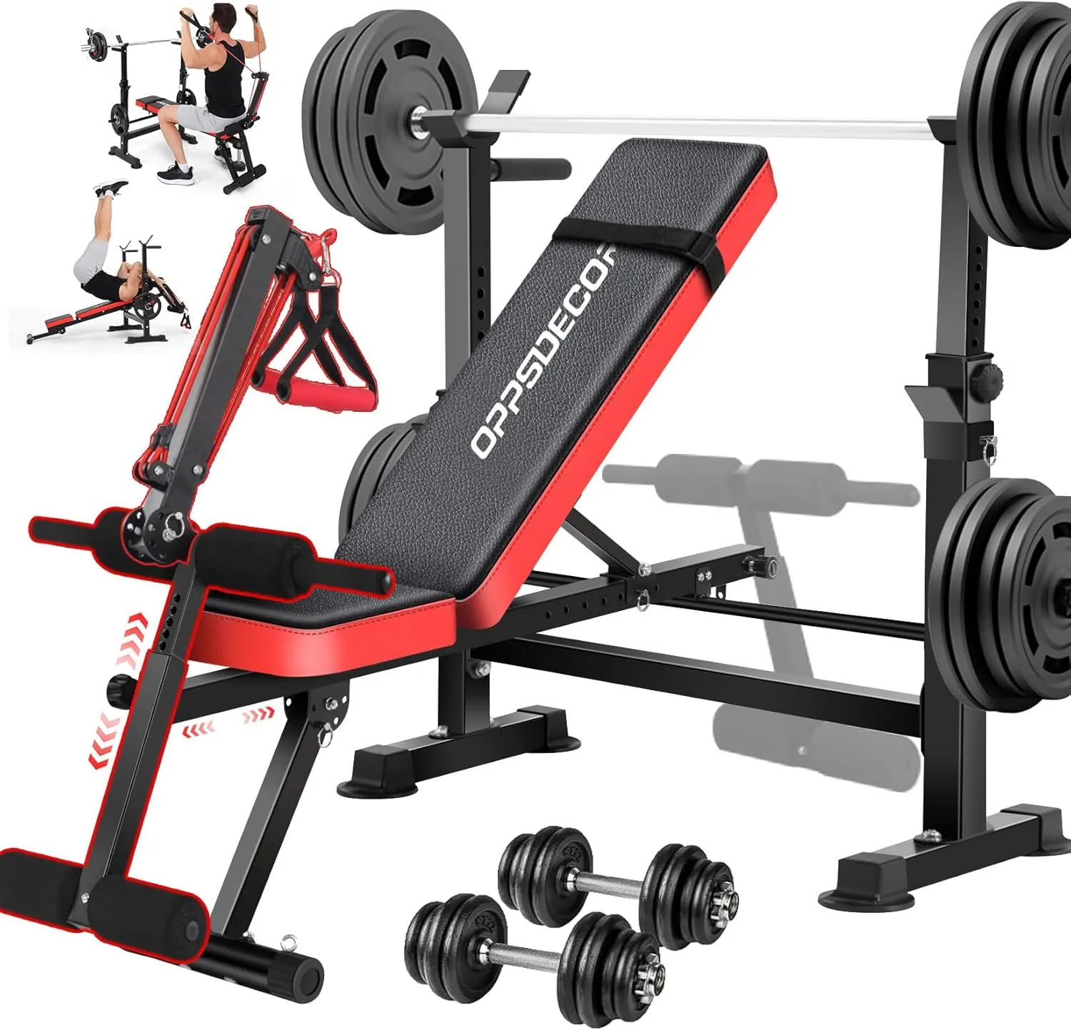 OPPSDECOR 8-in-1 Foldable Weight Bench Set with Squat Rack, Adjustable Bench Press Home Gym System for Full-Body Workout, Flat Incline Decline Sit Up Bench with Removable Foot Catch & Elastic Ropes
