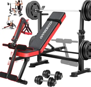 OPPSDECOR 8-in-1 Foldable Weight Bench Set with Squat Rack, Adjustable Bench Press Home Gym System for Full-Body Workout, Flat Incline Decline Sit Up Bench with Removable Foot Catch & Elastic Ropes