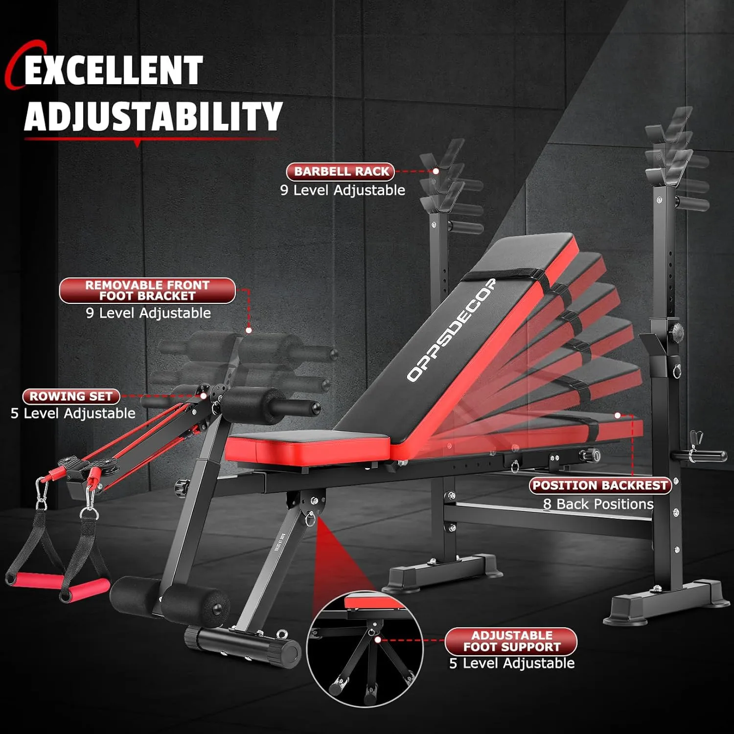 OPPSDECOR Adjustable Weight Bench Set with Squat Barbell Rack, Removable Foot Bracket, 600lbs All in 1 Weight Bench, Foldable Workout Bench for Full Body Exercise Home Gym MTY-1318 Bench Press