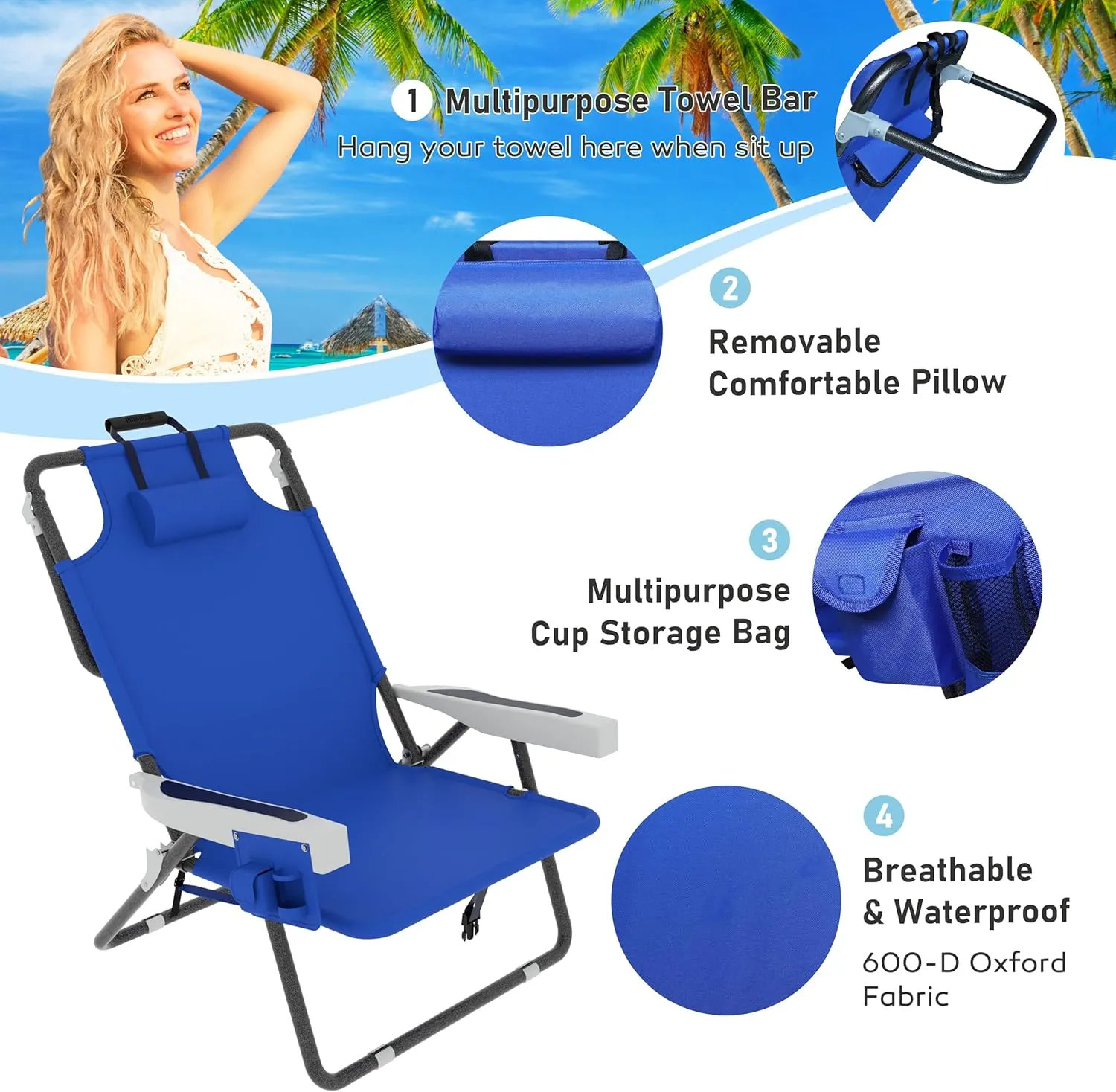 Outdoor Foldable Beach Chaise Lounge Chair with Detachable Pillow & Pocket, Portable Tanning Chair with 5 Positions Adjustable Back for Beach, Pool and Camping, Blue