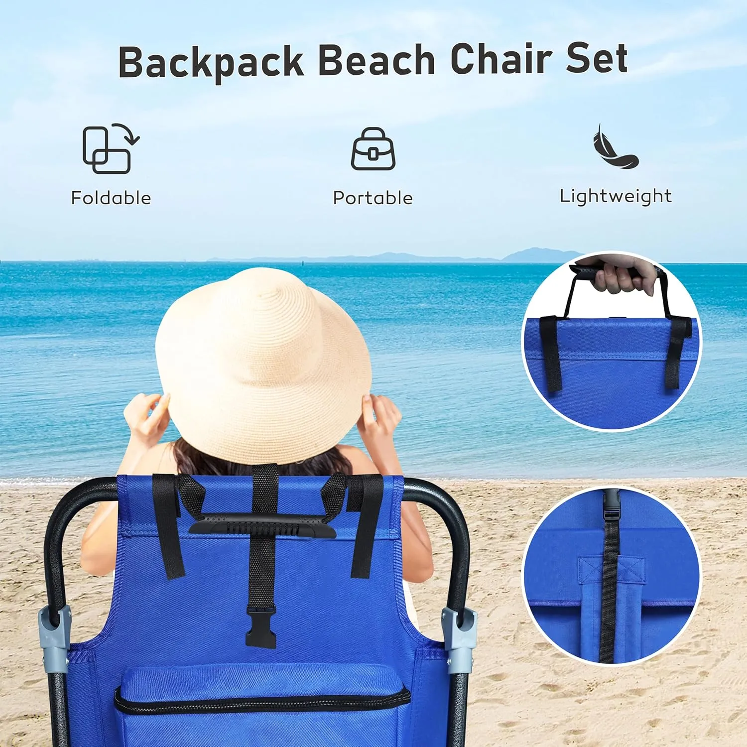Outdoor Foldable Beach Chaise Lounge Chair with Detachable Pillow & Pocket, Portable Tanning Chair with 5 Positions Adjustable Back for Beach, Pool and Camping, Blue
