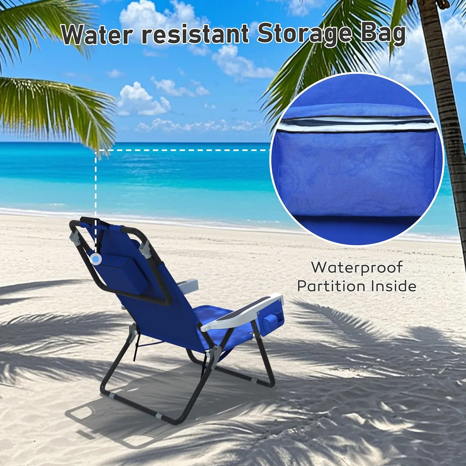 Outdoor Foldable Beach Chaise Lounge Chair with Detachable Pillow & Pocket, Portable Tanning Chair with 5 Positions Adjustable Back for Beach, Pool and Camping, Blue