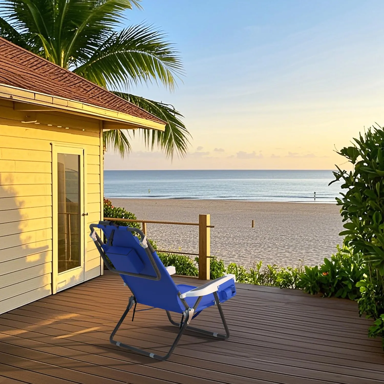 Outdoor Foldable Beach Chaise Lounge Chair with Detachable Pillow & Pocket, Portable Tanning Chair with 5 Positions Adjustable Back for Beach, Pool and Camping, Blue
