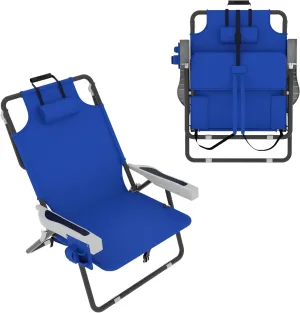 Outdoor Foldable Beach Chaise Lounge Chair with Detachable Pillow & Pocket, Portable Tanning Chair with 5 Positions Adjustable Back for Beach, Pool and Camping, Blue