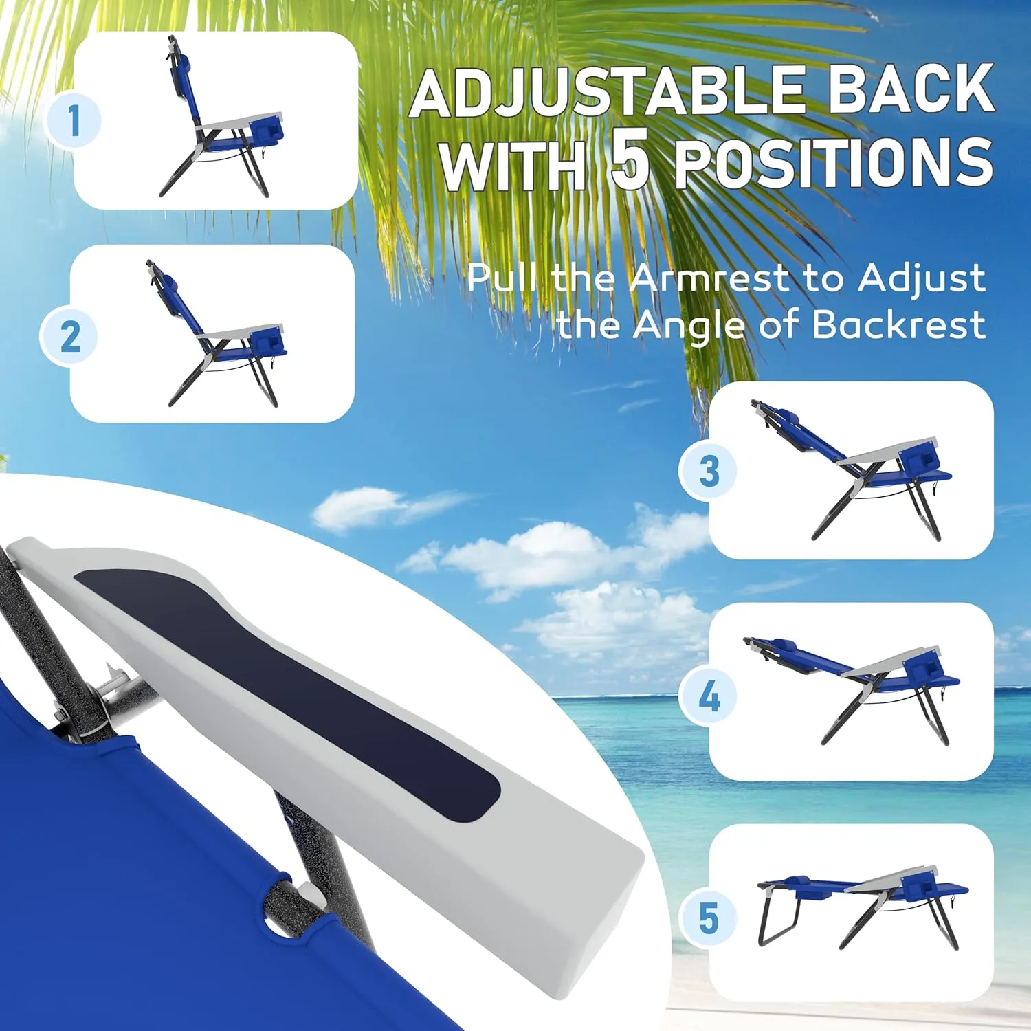 Outdoor Foldable Beach Chaise Lounge Chair with Detachable Pillow & Pocket, Portable Tanning Chair with 5 Positions Adjustable Back for Beach, Pool and Camping, Blue