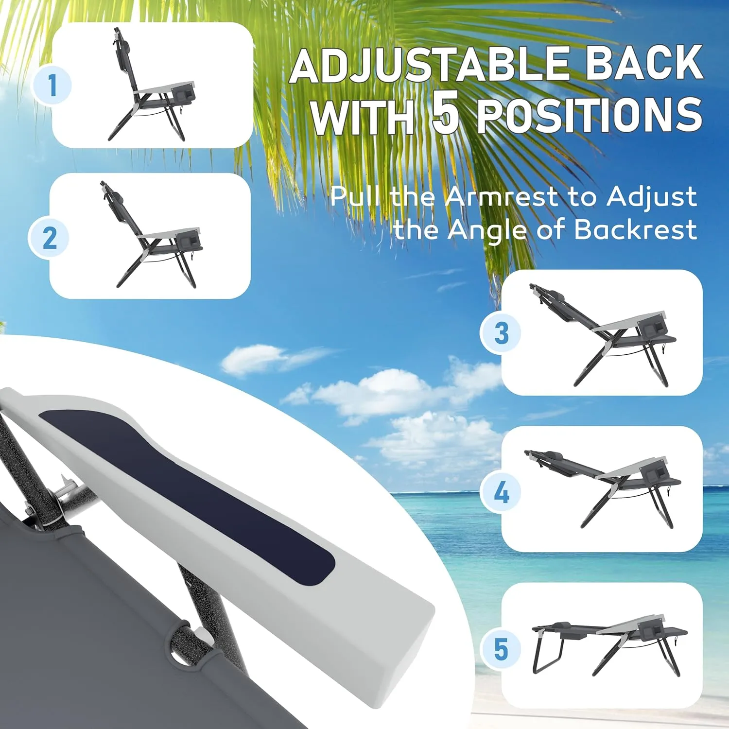 Outdoor Foldable Beach Chaise Lounge Chair with Detachable Pillow & Pocket, Portable Tanning Chair with 5 Positions Adjustable Back for Beach, Pool and Camping, Gray
