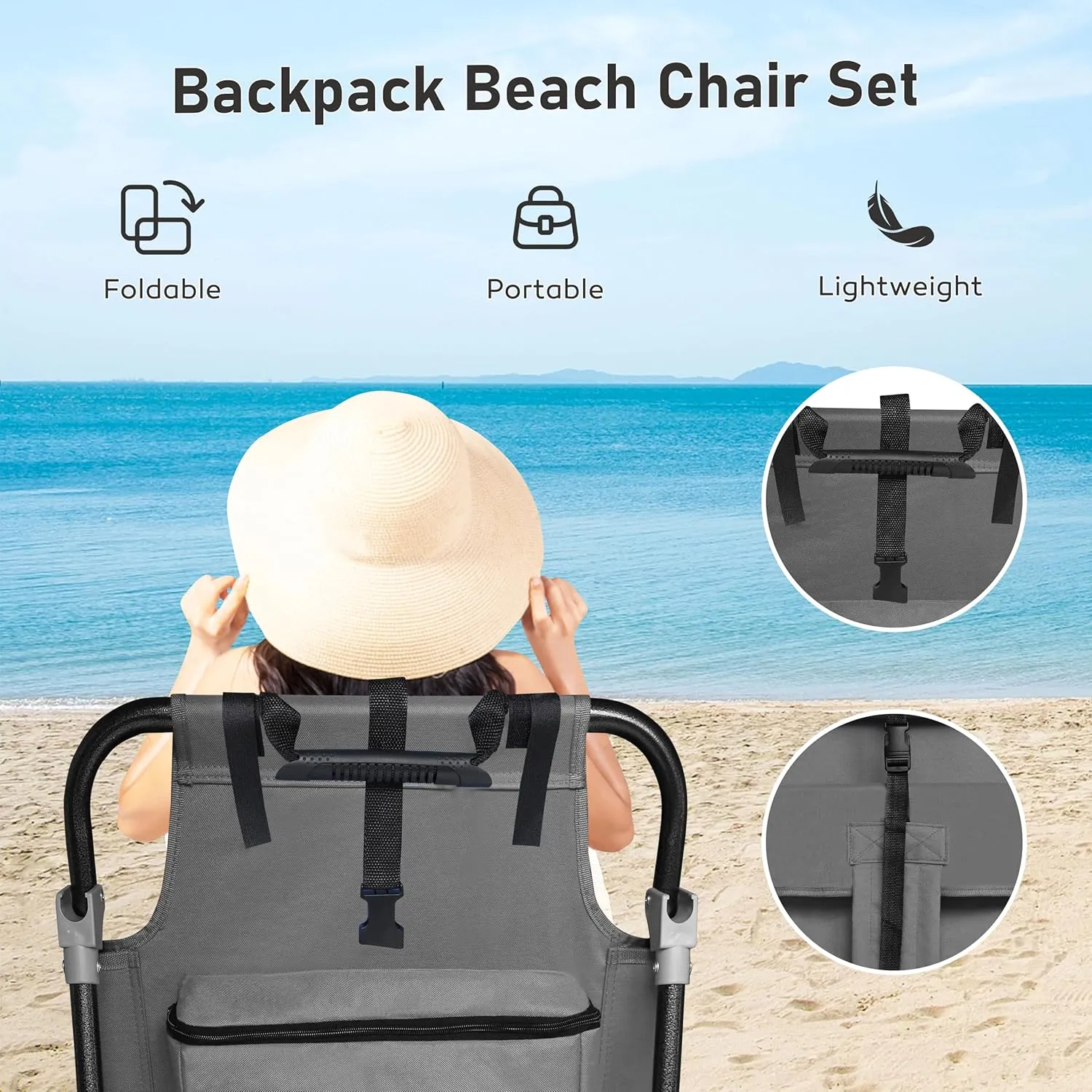 Outdoor Foldable Beach Chaise Lounge Chair with Detachable Pillow & Pocket, Portable Tanning Chair with 5 Positions Adjustable Back for Beach, Pool and Camping, Gray