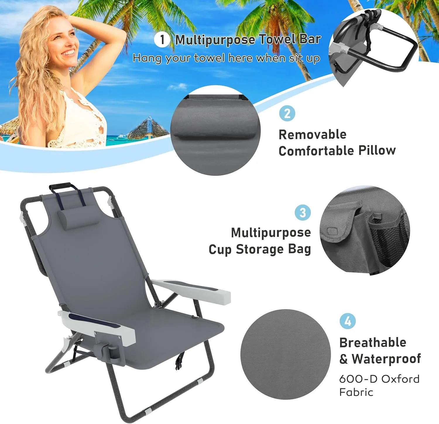 Outdoor Foldable Beach Chaise Lounge Chair with Detachable Pillow & Pocket, Portable Tanning Chair with 5 Positions Adjustable Back for Beach, Pool and Camping, Gray