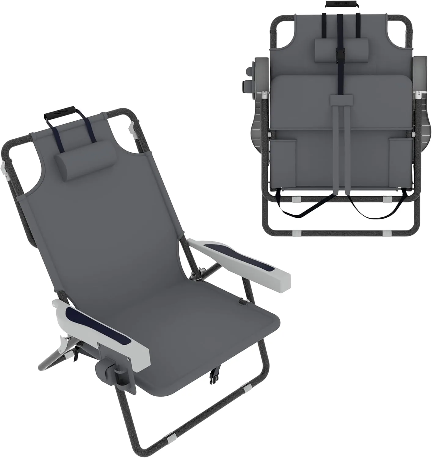 Outdoor Foldable Beach Chaise Lounge Chair with Detachable Pillow & Pocket, Portable Tanning Chair with 5 Positions Adjustable Back for Beach, Pool and Camping, Gray