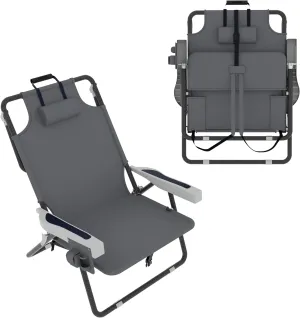 Outdoor Foldable Beach Chaise Lounge Chair with Detachable Pillow & Pocket, Portable Tanning Chair with 5 Positions Adjustable Back for Beach, Pool and Camping, Gray