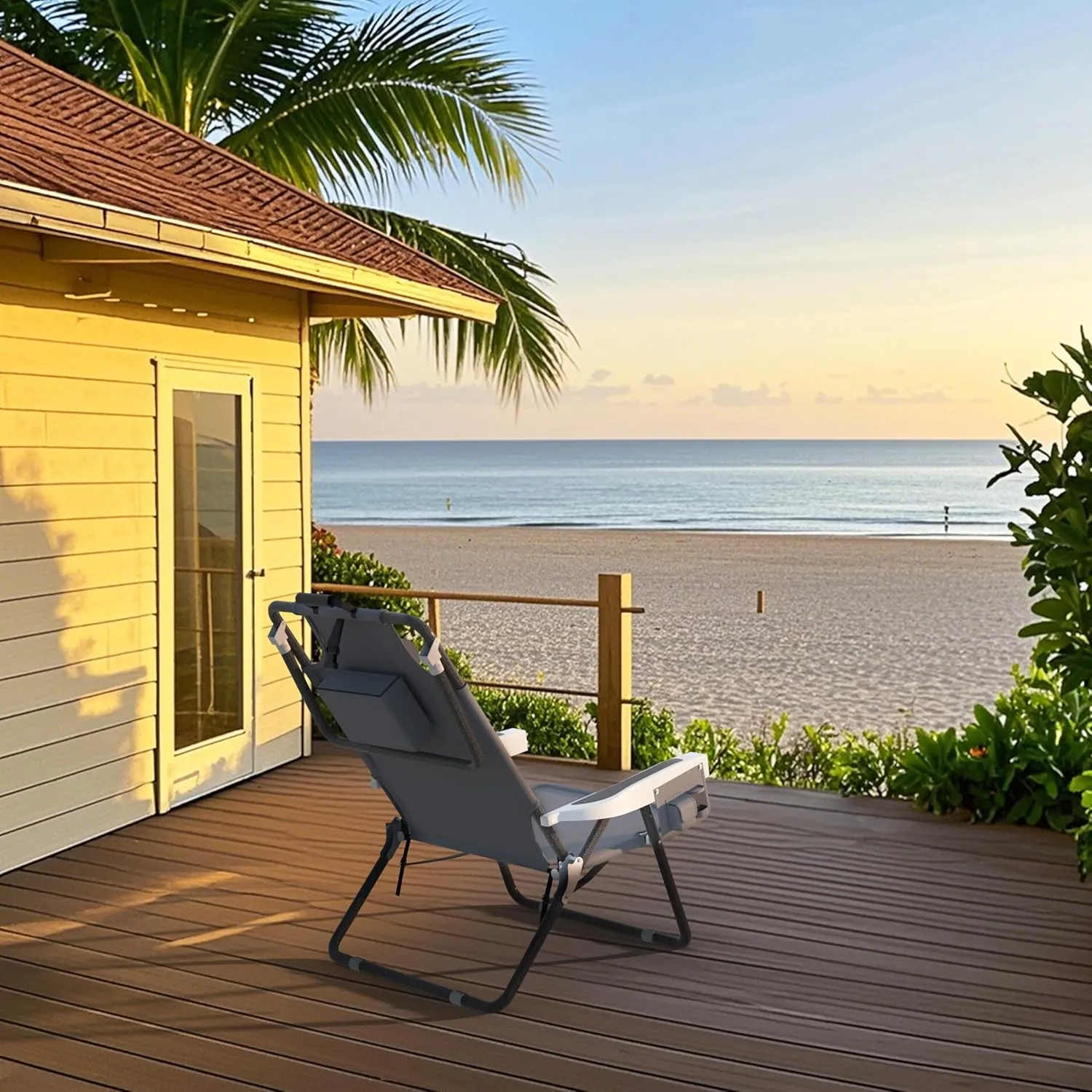 Outdoor Foldable Beach Chaise Lounge Chair with Detachable Pillow & Pocket, Portable Tanning Chair with 5 Positions Adjustable Back for Beach, Pool and Camping, Gray