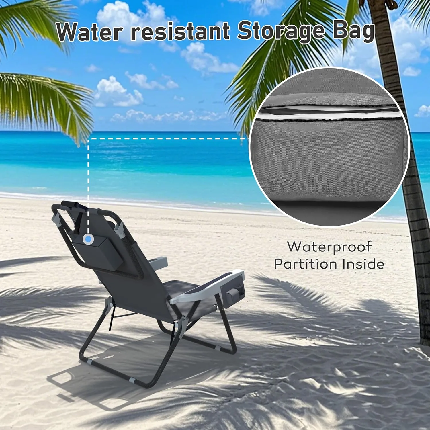 Outdoor Foldable Beach Chaise Lounge Chair with Detachable Pillow & Pocket, Portable Tanning Chair with 5 Positions Adjustable Back for Beach, Pool and Camping, Gray