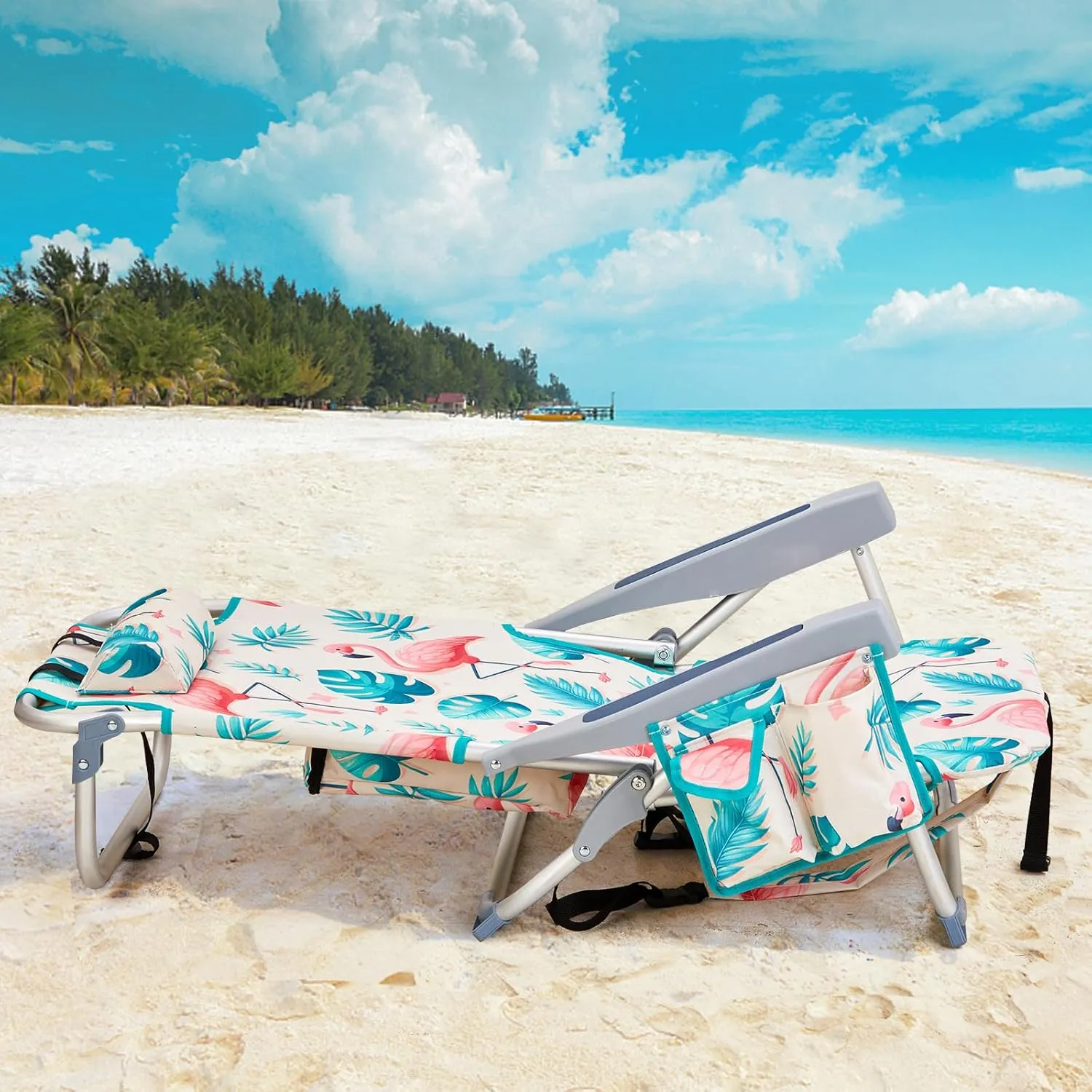 Outdoor Low Beach Lawn Chair,Portable Lightweight Folding Chair for Adults,Folding Beach Chair,Portable Backpack Foldable Camping Chair,with Cup Holder,for Patio Pool Yard Garden (Flamingo)