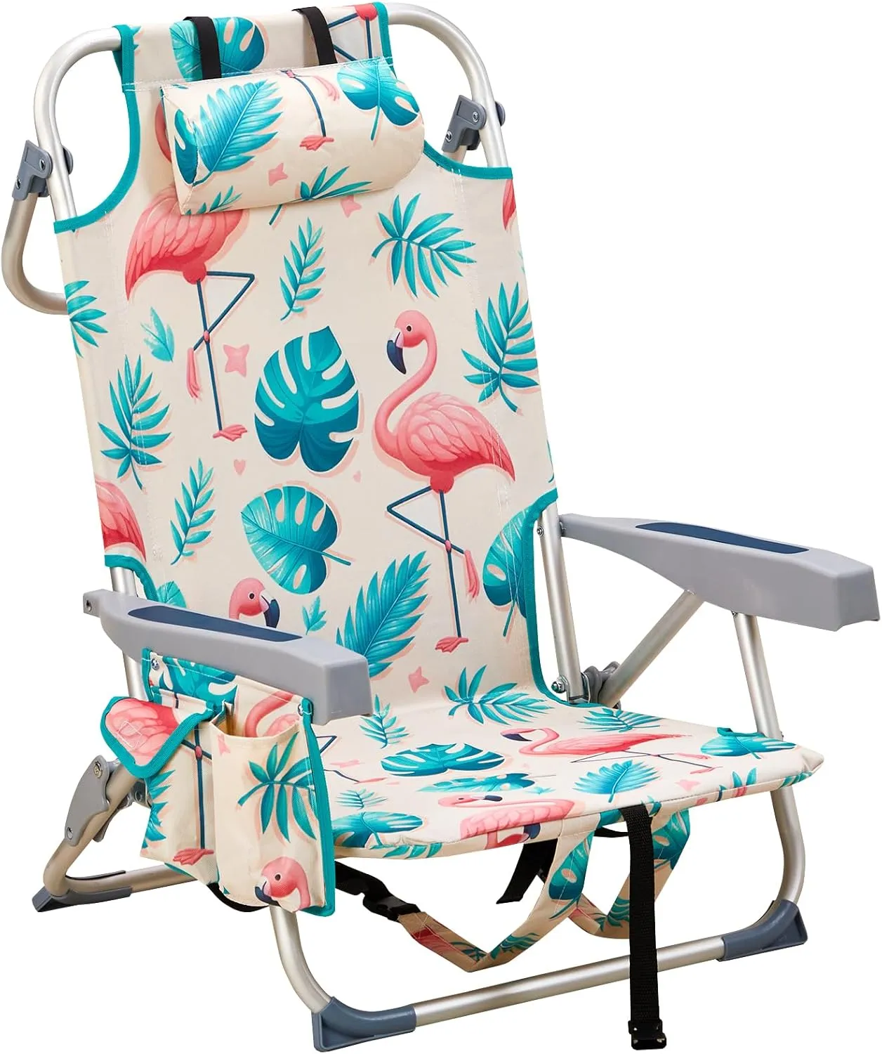 Outdoor Low Beach Lawn Chair,Portable Lightweight Folding Chair for Adults,Folding Beach Chair,Portable Backpack Foldable Camping Chair,with Cup Holder,for Patio Pool Yard Garden (Flamingo)