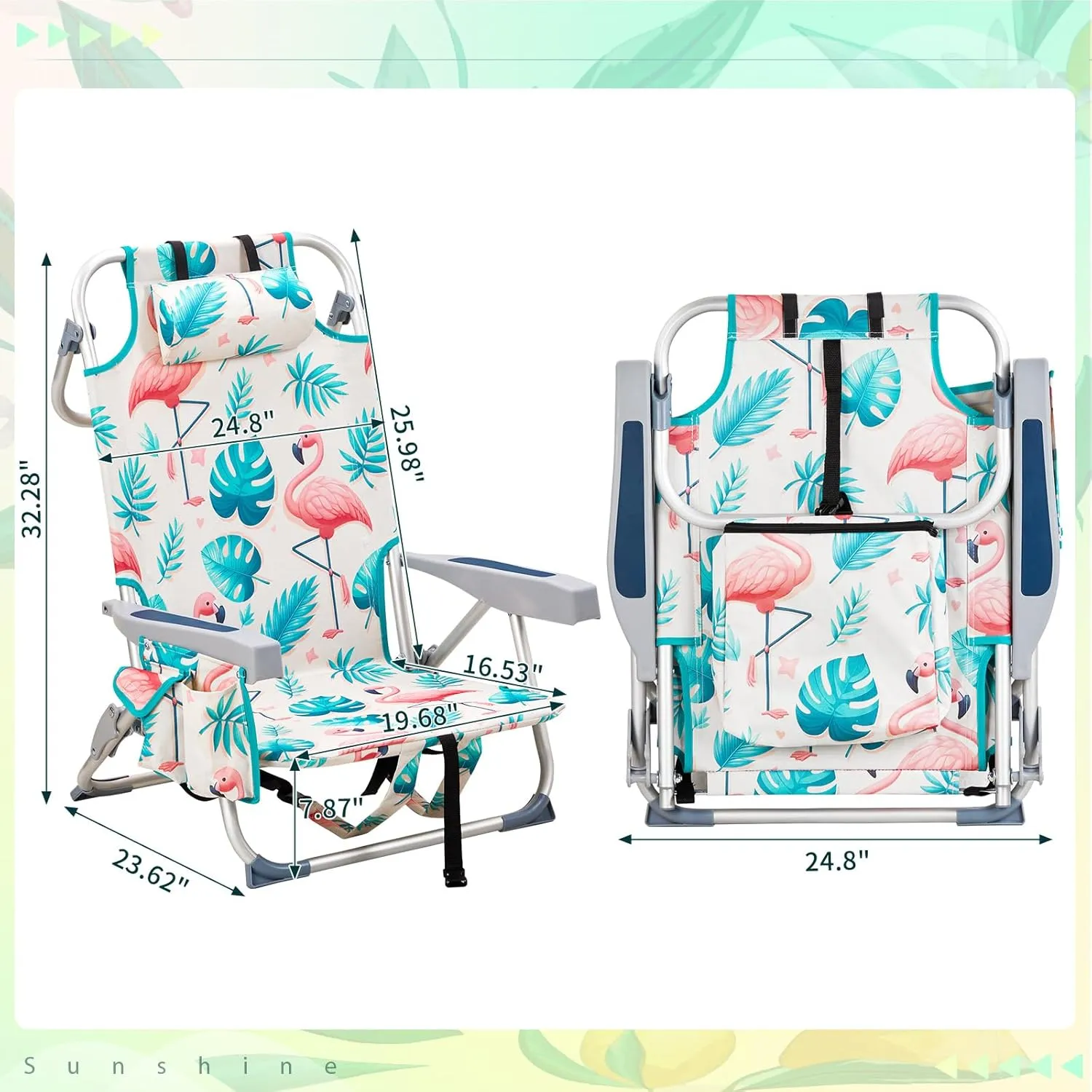 Outdoor Low Beach Lawn Chair,Portable Lightweight Folding Chair for Adults,Folding Beach Chair,Portable Backpack Foldable Camping Chair,with Cup Holder,for Patio Pool Yard Garden (Flamingo)