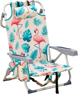 Outdoor Low Beach Lawn Chair,Portable Lightweight Folding Chair for Adults,Folding Beach Chair,Portable Backpack Foldable Camping Chair,with Cup Holder,for Patio Pool Yard Garden (Flamingo)
