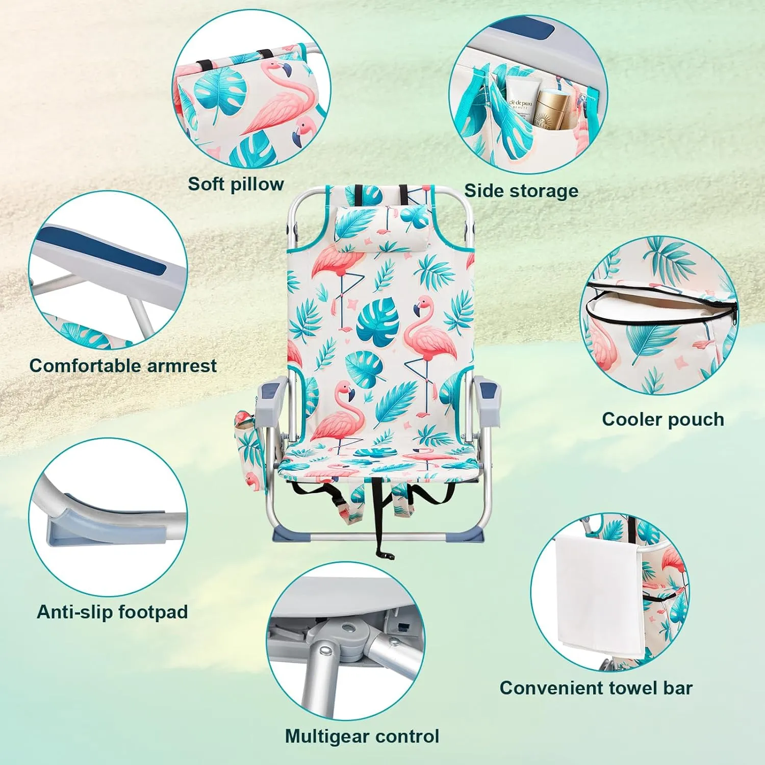 Outdoor Low Beach Lawn Chair,Portable Lightweight Folding Chair for Adults,Folding Beach Chair,Portable Backpack Foldable Camping Chair,with Cup Holder,for Patio Pool Yard Garden (Flamingo)