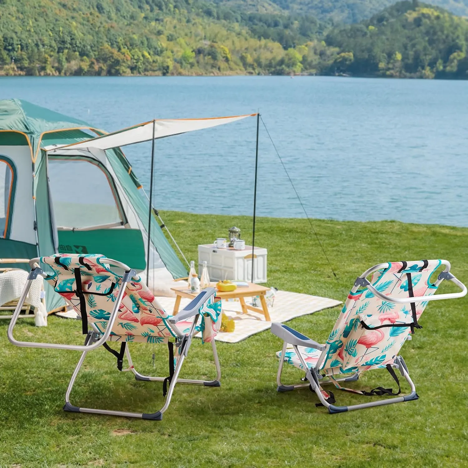 Outdoor Low Beach Lawn Chair,Portable Lightweight Folding Chair for Adults,Folding Beach Chair,Portable Backpack Foldable Camping Chair,with Cup Holder,for Patio Pool Yard Garden (Flamingo)