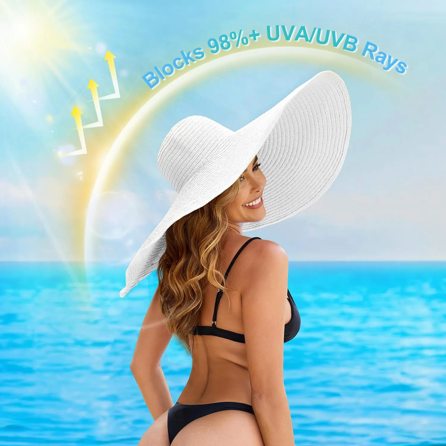 Oversized Beach Hat for Women Wide Brim Straw Sun Hat UPF 50  UV Protection Foldable Packable Travel Vacation Pool Outdoor