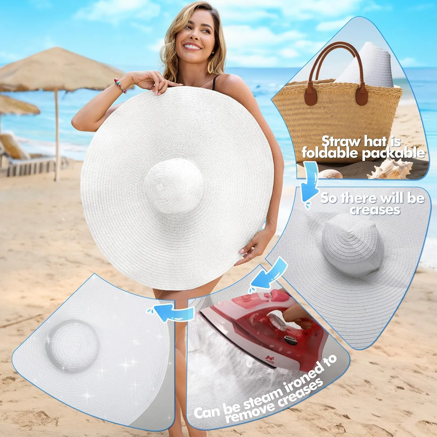 Oversized Beach Hat for Women Wide Brim Straw Sun Hat UPF 50  UV Protection Foldable Packable Travel Vacation Pool Outdoor