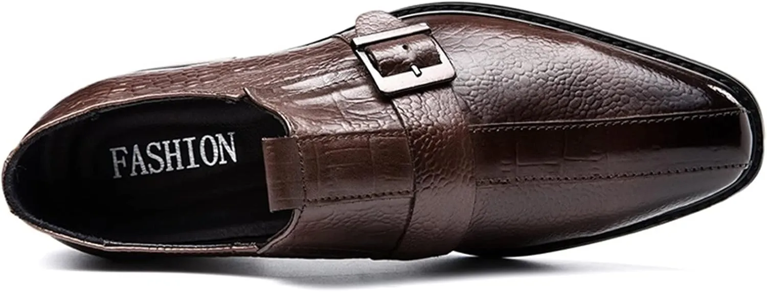 Oxford Dress Shoes for Men Slip On Monk Strap Crocodile Print Burnished Square Toe Leather Slip Resistant Block Heel Low Top Non Slip Walking Suitable for Many Occasions