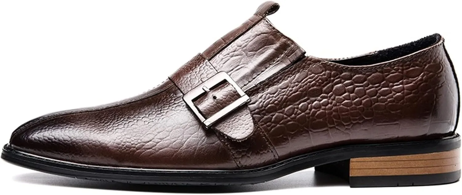 Oxford Dress Shoes for Men Slip On Monk Strap Crocodile Print Burnished Square Toe Leather Slip Resistant Block Heel Low Top Non Slip Walking Suitable for Many Occasions