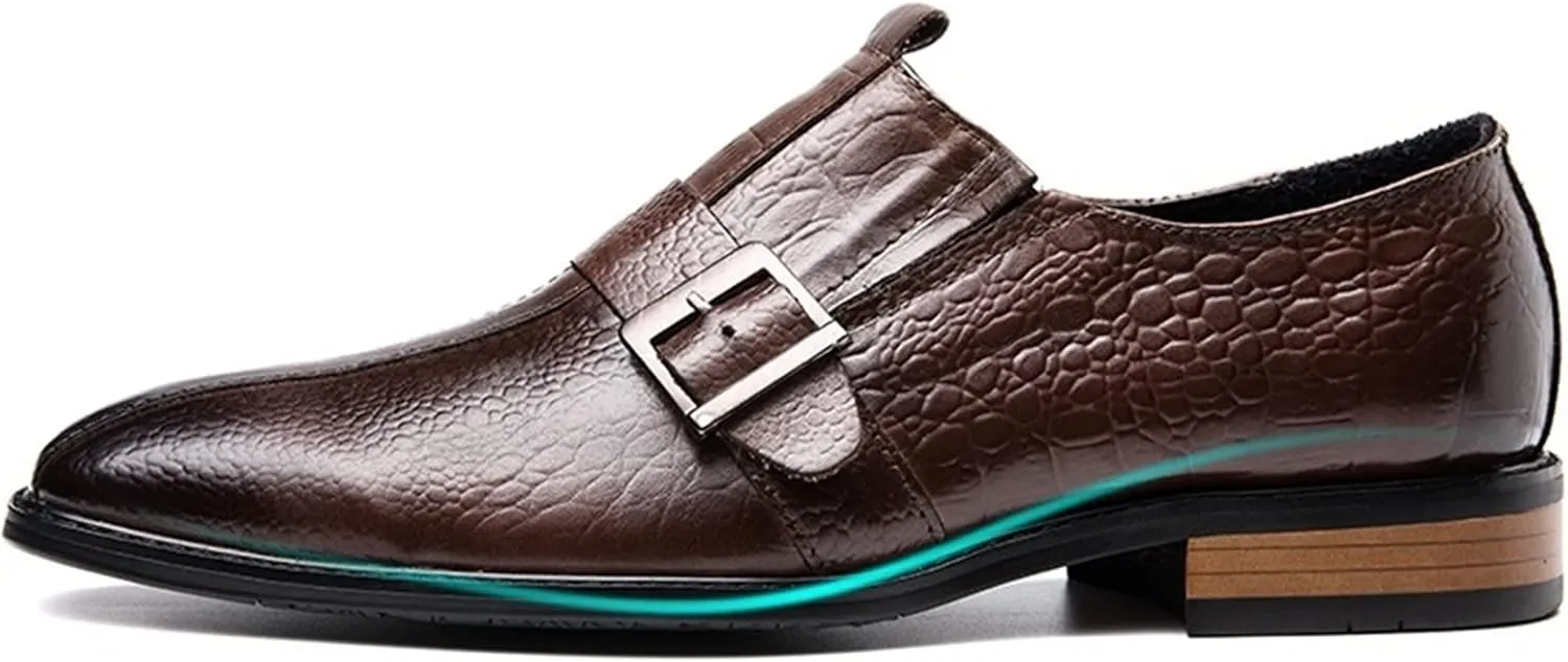 Oxford Dress Shoes for Men Slip On Monk Strap Crocodile Print Burnished Square Toe Leather Slip Resistant Block Heel Low Top Non Slip Walking Suitable for Many Occasions