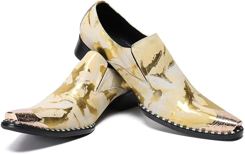 Oxford for Men Work Shoes Slip On StyleGenuine Leather Block Heel Retro Iron Pointed Toe Embossed Casual Business