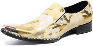 Oxford for Men Work Shoes Slip On StyleGenuine Leather Block Heel Retro Iron Pointed Toe Embossed Casual Business