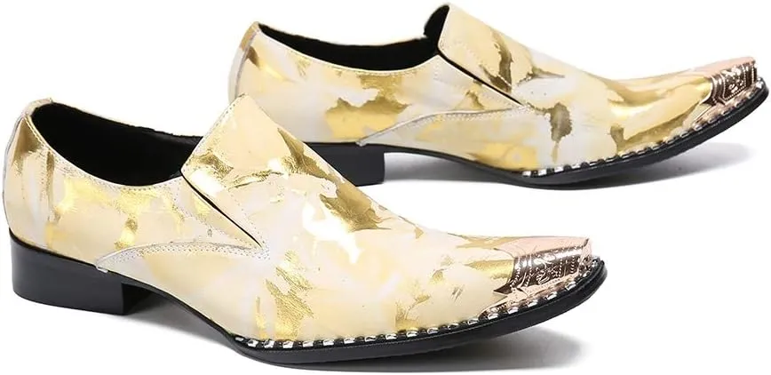 Oxford for Men Work Shoes Slip On StyleGenuine Leather Block Heel Retro Iron Pointed Toe Embossed Casual Business