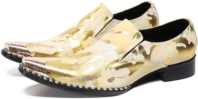 Oxford for Men Work Shoes Slip On StyleGenuine Leather Block Heel Retro Iron Pointed Toe Embossed Casual Business