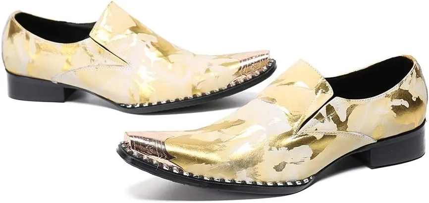 Oxford for Men Work Shoes Slip On StyleGenuine Leather Block Heel Retro Iron Pointed Toe Embossed Casual Business