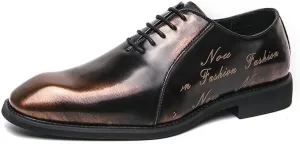 Oxford Shoes for Men Lace Up Retro Square Burnished Toe Pattern Embossed Vegan Leather Low Top Block Heel Resistant Non Slip Rubber Sole Business