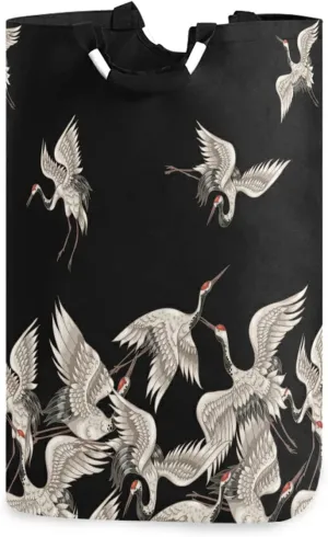Oyihfvs Seamless Japanese White Cranes Flying on Black Dark Laundry Hamper Basket Bucket, Foldable Dirty Clothes Bag, Waterproof Fabric Washing Bin, Toy Storage with Handles for Bathroom