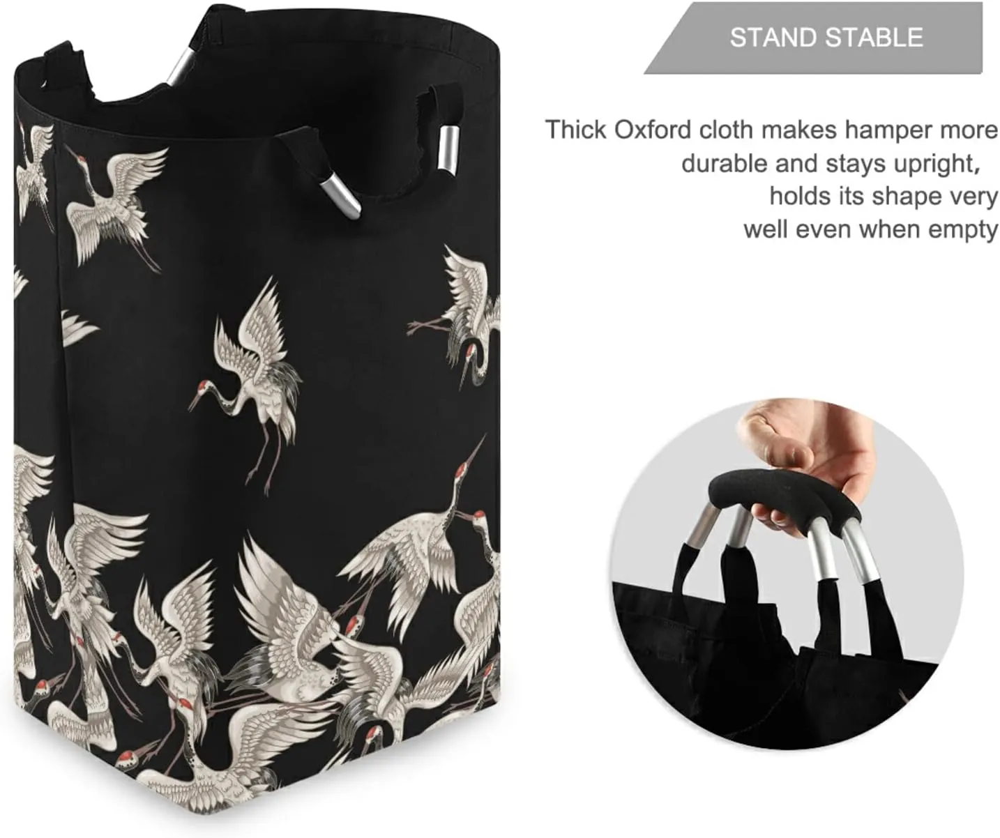 Oyihfvs Seamless Japanese White Cranes Flying on Black Dark Laundry Hamper Basket Bucket, Foldable Dirty Clothes Bag, Waterproof Fabric Washing Bin, Toy Storage with Handles for Bathroom