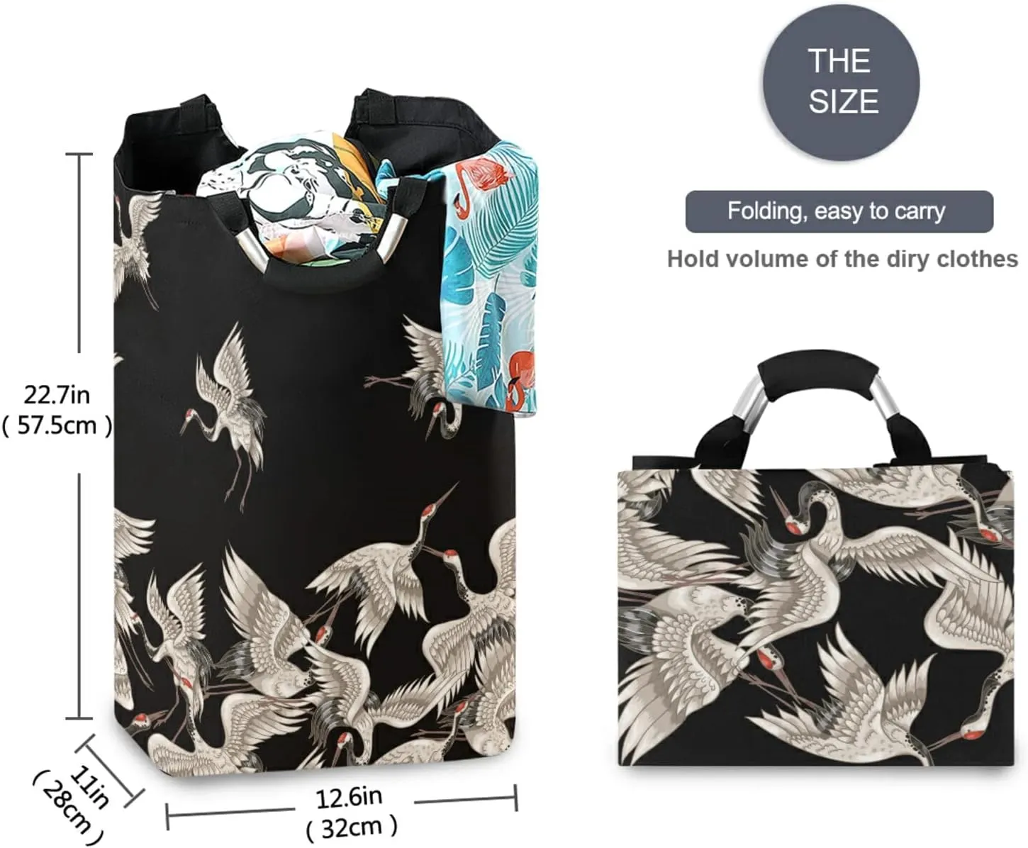 Oyihfvs Seamless Japanese White Cranes Flying on Black Dark Laundry Hamper Basket Bucket, Foldable Dirty Clothes Bag, Waterproof Fabric Washing Bin, Toy Storage with Handles for Bathroom