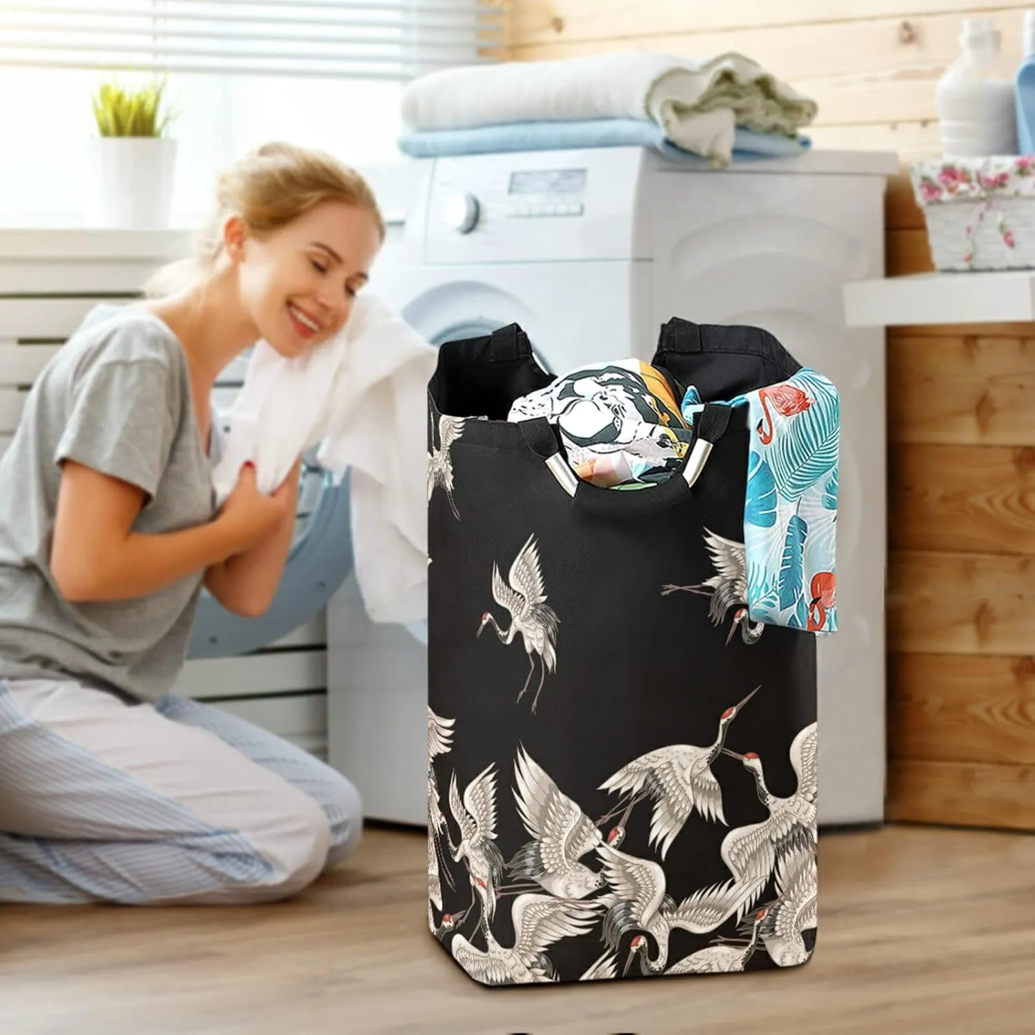 Oyihfvs Seamless Japanese White Cranes Flying on Black Dark Laundry Hamper Basket Bucket, Foldable Dirty Clothes Bag, Waterproof Fabric Washing Bin, Toy Storage with Handles for Bathroom