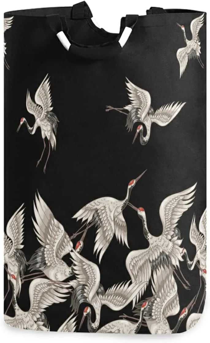 Oyihfvs Seamless Japanese White Cranes Flying on Black Dark Laundry Hamper Basket Bucket, Foldable Dirty Clothes Bag, Waterproof Fabric Washing Bin, Toy Storage with Handles for Bathroom