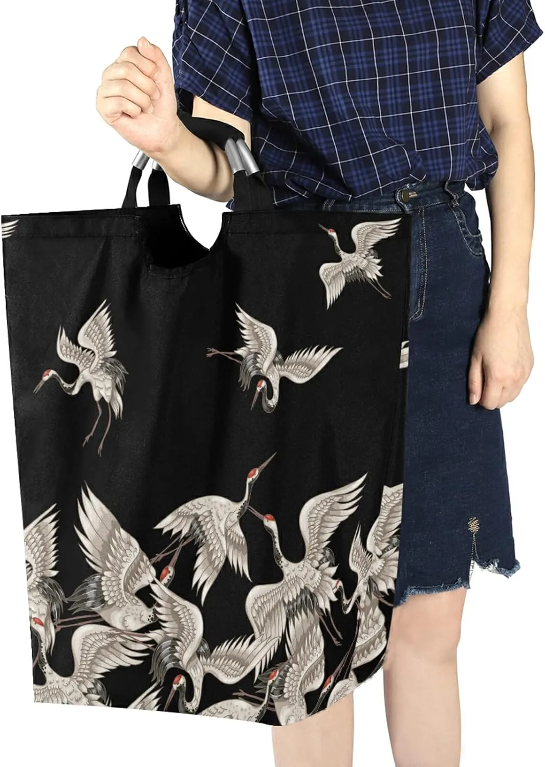 Oyihfvs Seamless Japanese White Cranes Flying on Black Dark Laundry Hamper Basket Bucket, Foldable Dirty Clothes Bag, Waterproof Fabric Washing Bin, Toy Storage with Handles for Bathroom