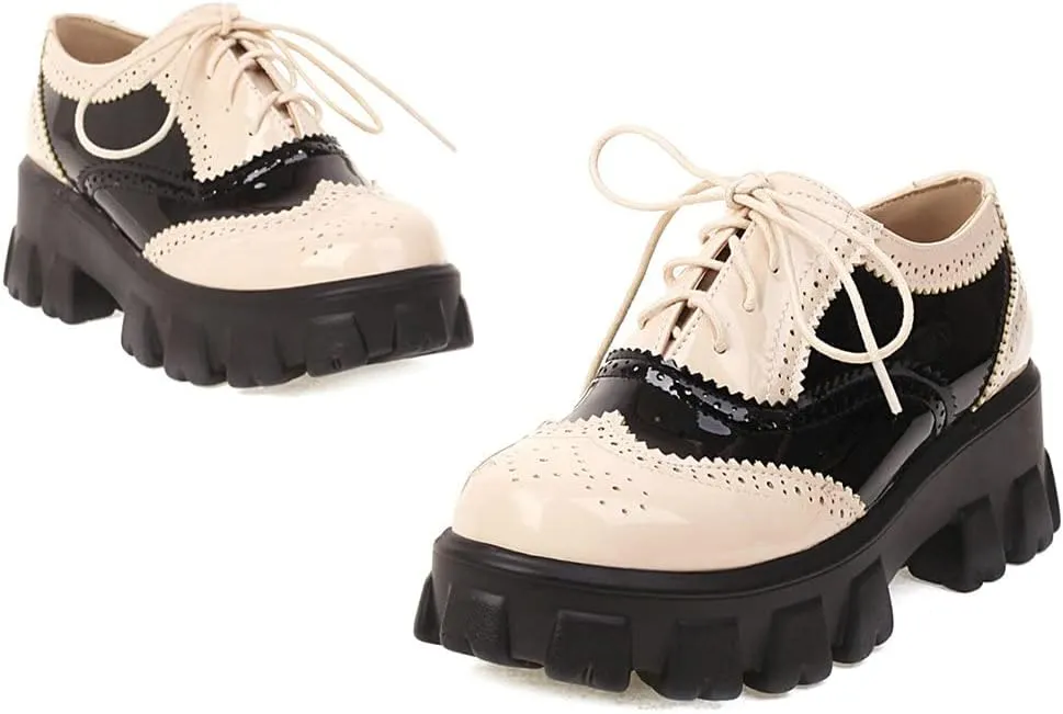 Parisuit Womens Lace Up Wingtip Chunky Oxford Shoes Patent Leather Platform Brogue Pumps