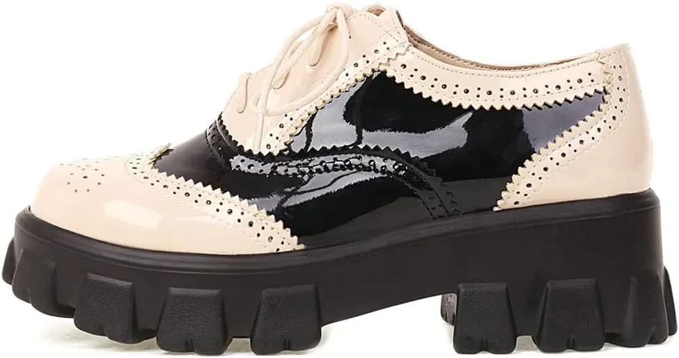 Parisuit Womens Lace Up Wingtip Chunky Oxford Shoes Patent Leather Platform Brogue Pumps