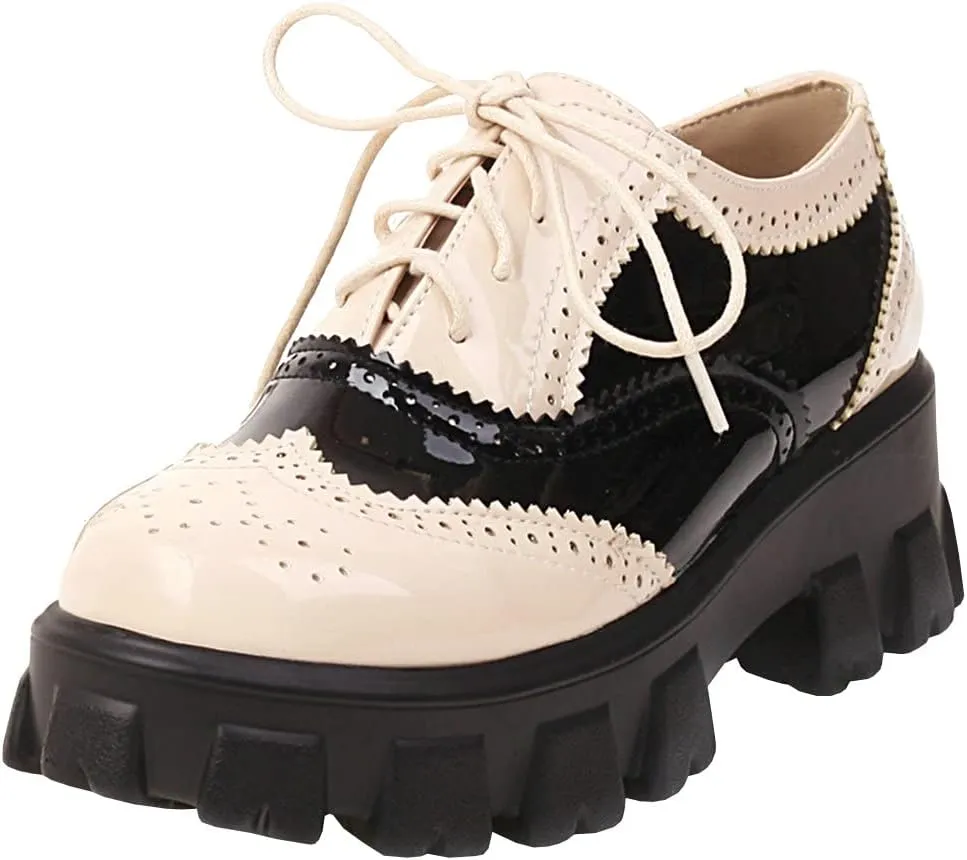 Parisuit Womens Lace Up Wingtip Chunky Oxford Shoes Patent Leather Platform Brogue Pumps