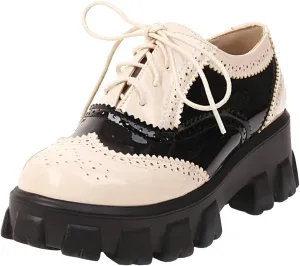 Parisuit Womens Lace Up Wingtip Chunky Oxford Shoes Patent Leather Platform Brogue Pumps