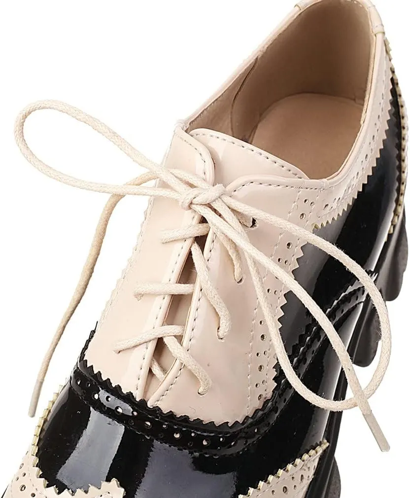 Parisuit Womens Lace Up Wingtip Chunky Oxford Shoes Patent Leather Platform Brogue Pumps