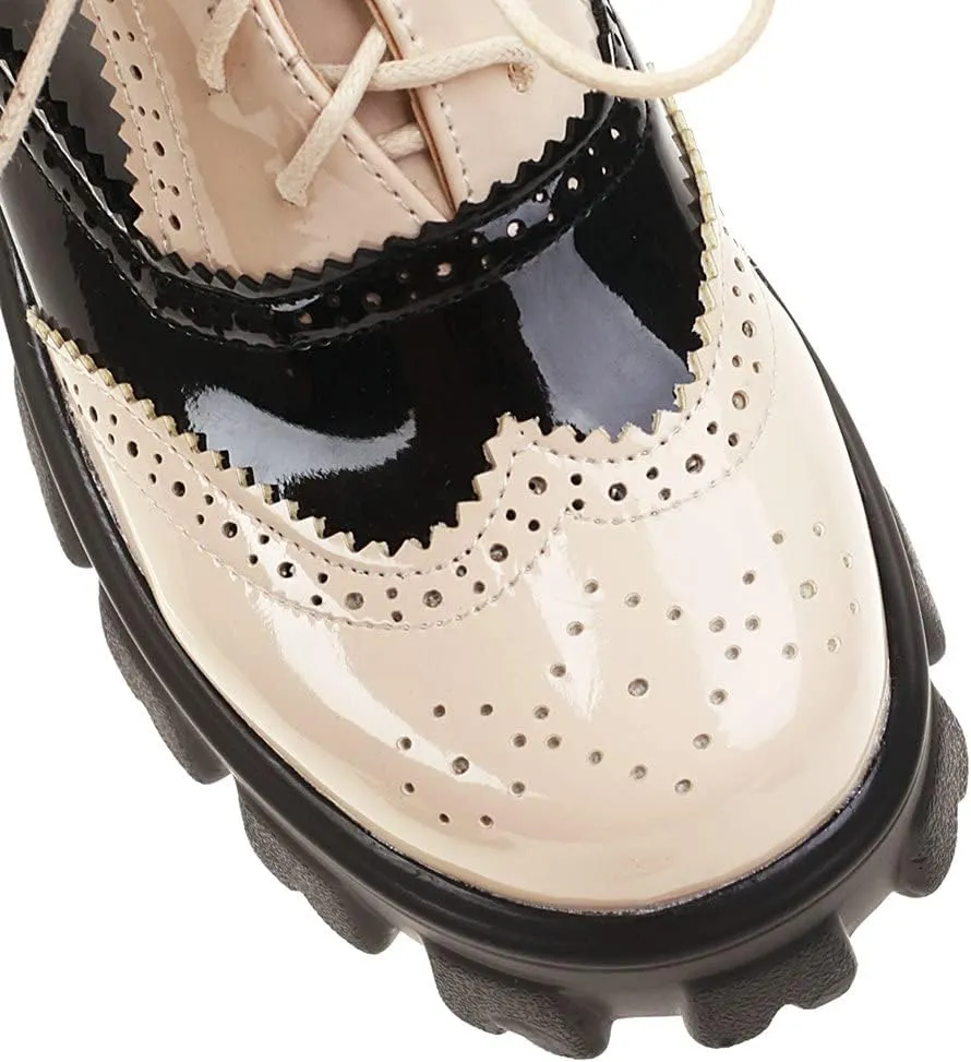 Parisuit Womens Lace Up Wingtip Chunky Oxford Shoes Patent Leather Platform Brogue Pumps