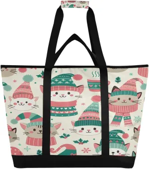 Pastel Christmas Cats Reusable Insulated Lunchbox Cooler Bag, Leakproof Kitchen Grocery Bag Collapsible Portable Cooler Tote Bag for Picnic, Camping, Office, Travel